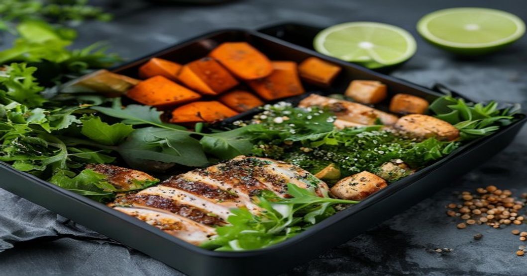 Healthy gym food meal box with grilled chicken, greens, and rice on a dark slate background