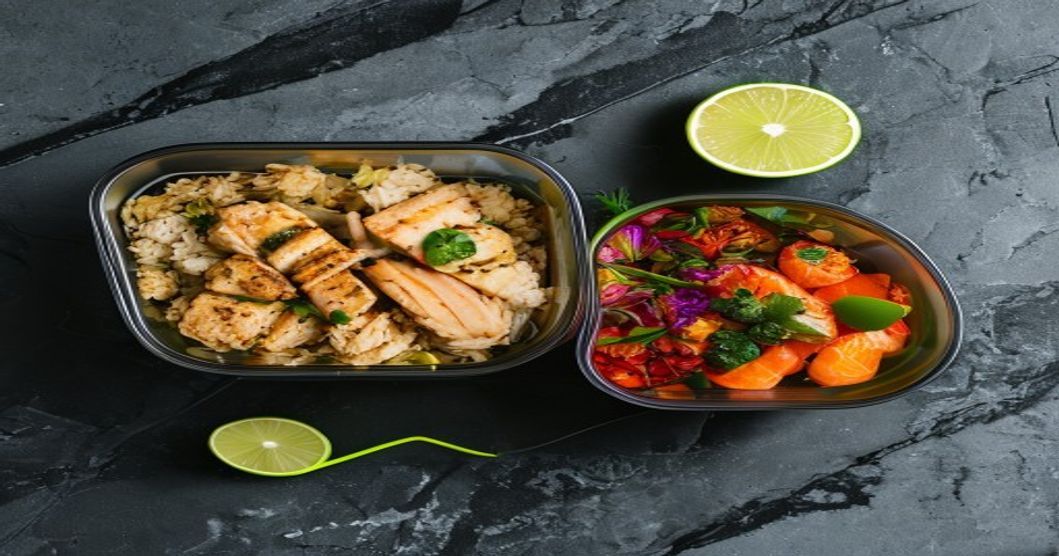 Two gym meal-prep containers side by side, one simple and one premium, with grilled protein and vegetables on a dark slate surface
