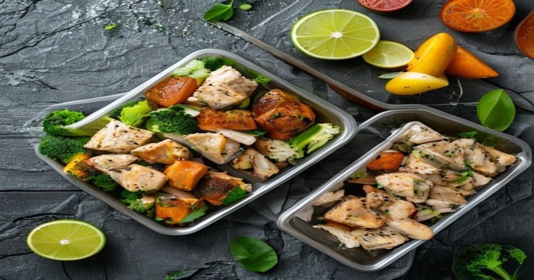Stacked gym meal-prep containers with grilled chicken, rice, and vegetables on a dark slate surface with lime accents