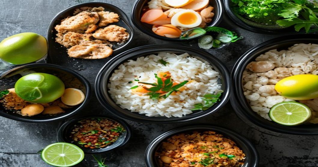 Budget high-protein meal prep with chicken, eggs, rice, and daal in containers on a dark slate surface