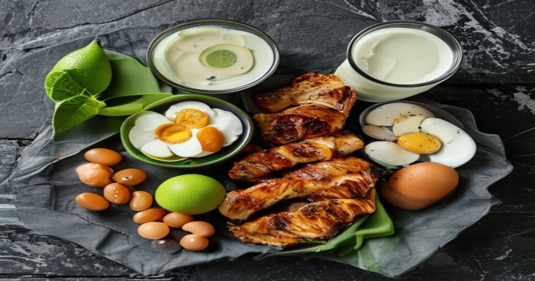 High-protein Pakistani foods including chicken, eggs, daal, and yogurt arranged on a dark slate surface