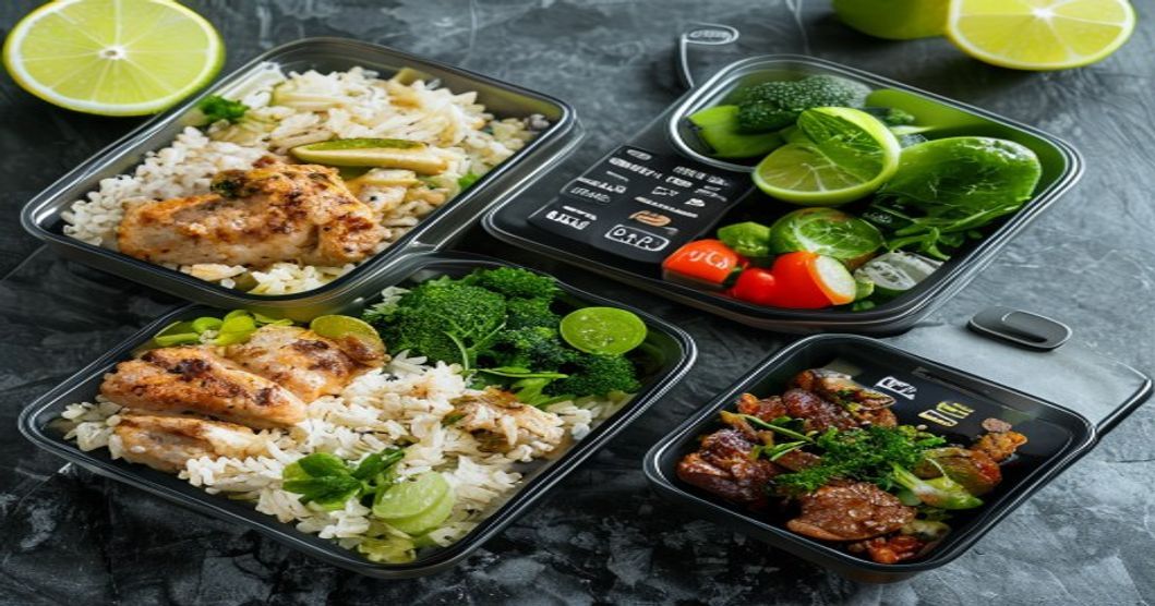 Portioned macro-counted meal prep containers with grilled protein, rice, and greens on a dark slate counter with lime accent lighting
