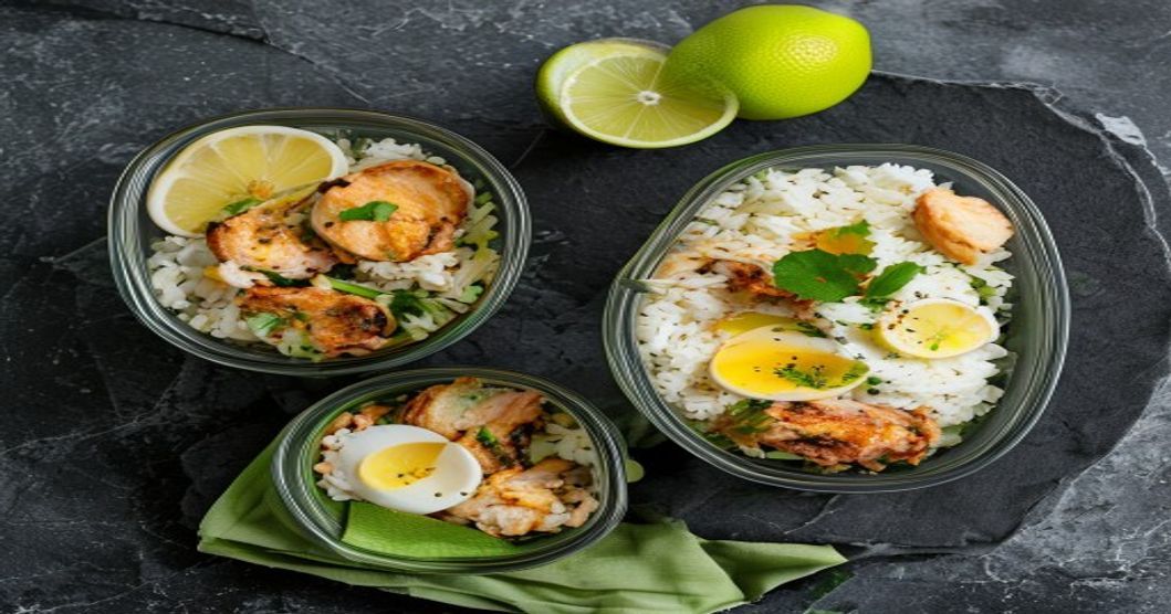 High-protein gym meal prep containers with grilled chicken, rice, and eggs on a dark slate surface