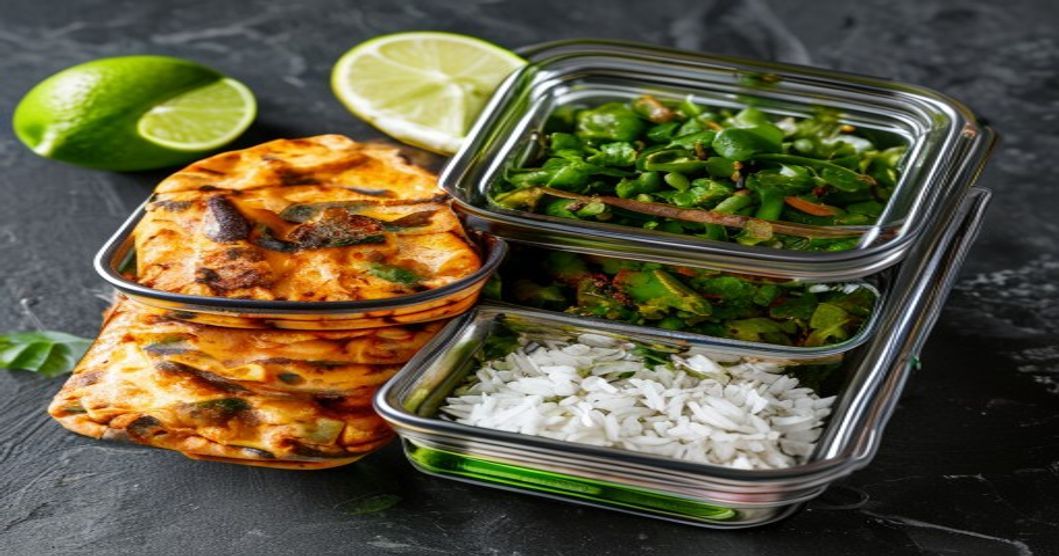 A homestyle tiffin tin beside a macro-portioned meal-prep container with grilled chicken and rice on a dark slate surface