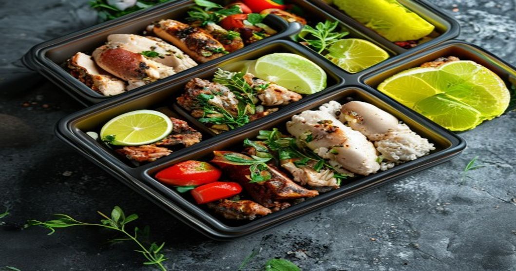 Stacked gym meal prep containers with grilled chicken, rice, and vegetables on a dark slate surface